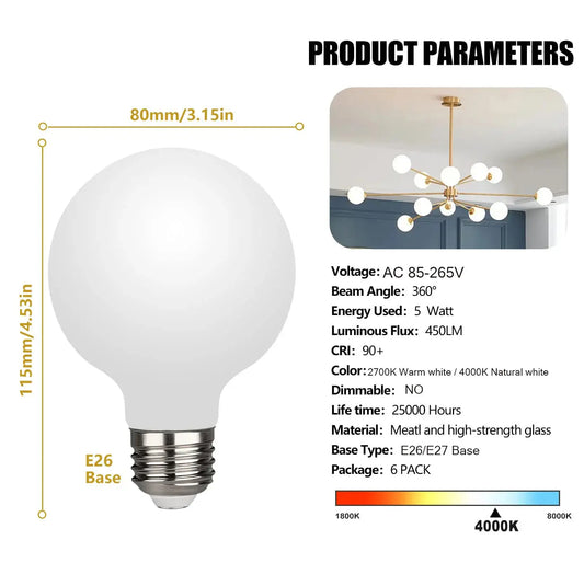 Edison LED Light Bulb E27 5W G80 Frosted Glass Bulb 85V-265V Globe Ball Bulb Warm White 2700K Natural white 4000K Lampada LED La Lighting Depot