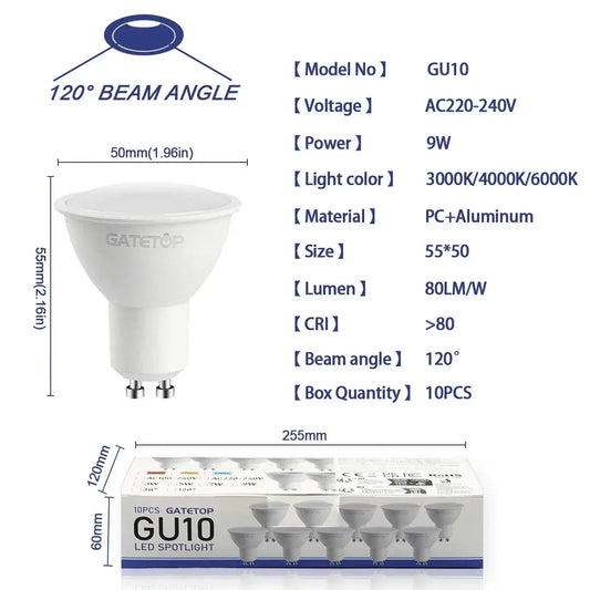 10 Pack Focos Gu10 SpotlightLampara 220V Lled Bulb Wholesale 9W White Warm 3000k 6000K suitable for Home Commercial Buildings Lighting Depot