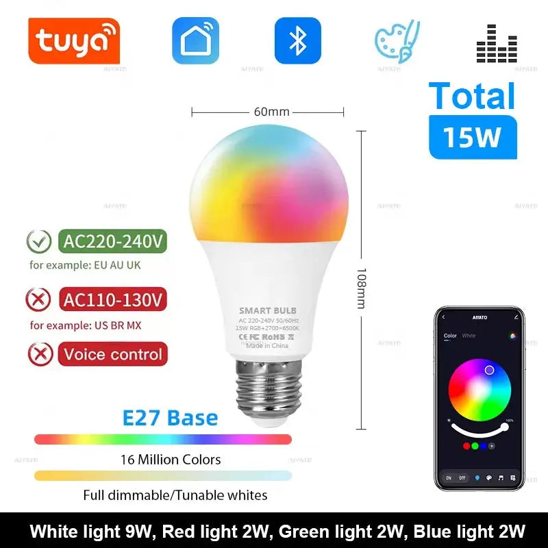 Tuya Bluetooth LED Bulb Dimmable 15W 18W E27 B22 220V RGBCW Color Change Lamps Smart Life APP Group Control Music Rhythm Timing Lighting Depot