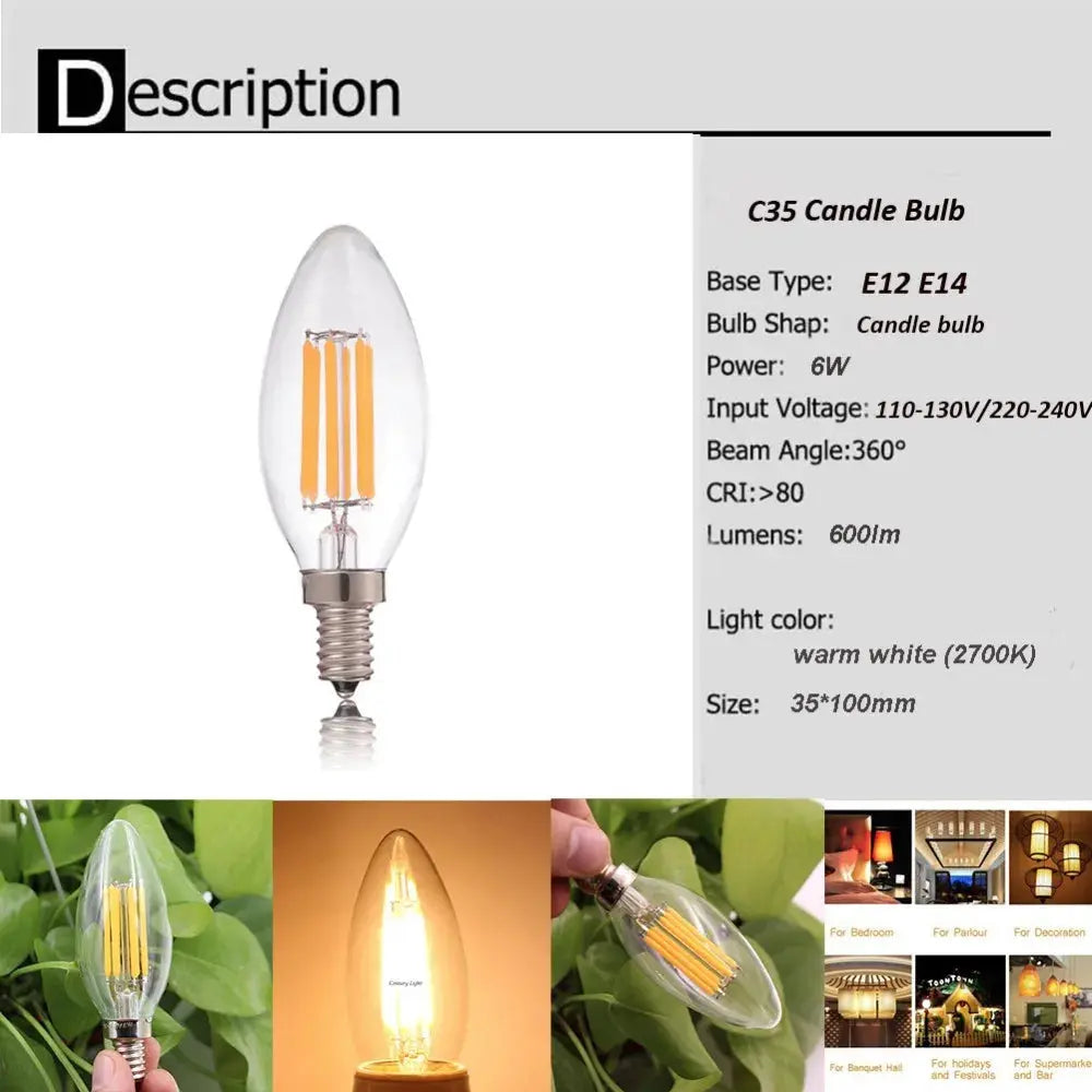 C35 6W Dimmable Led Bulb E12 E14 Filament Candle Light Bulb 2700k 6000k Cold Warm White Edison Retro Candelabra Antique Led Lamp The Lighting Depot