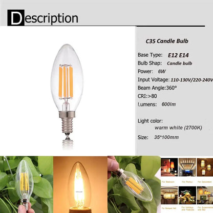 C35 6W Dimmable Led Bulb E12 E14 Filament Candle Light Bulb 2700k 6000k Cold Warm White Edison Retro Candelabra Antique Led Lamp The Lighting Depot
