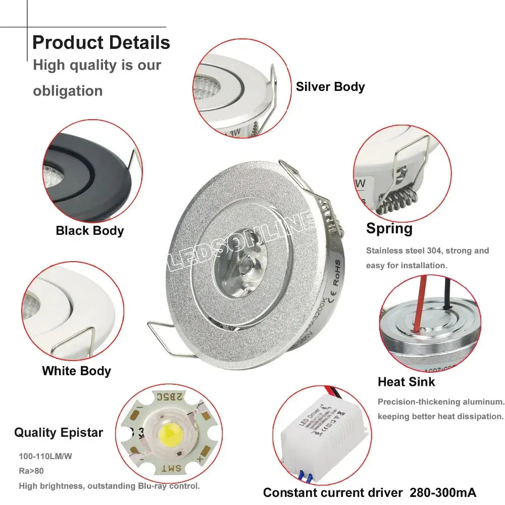 10pc 1W Mini led Downlight Cabinet Recessed Spot light led Driver Pure Nature Warm white and White Silver Black body AC85-265V Lighting Depot