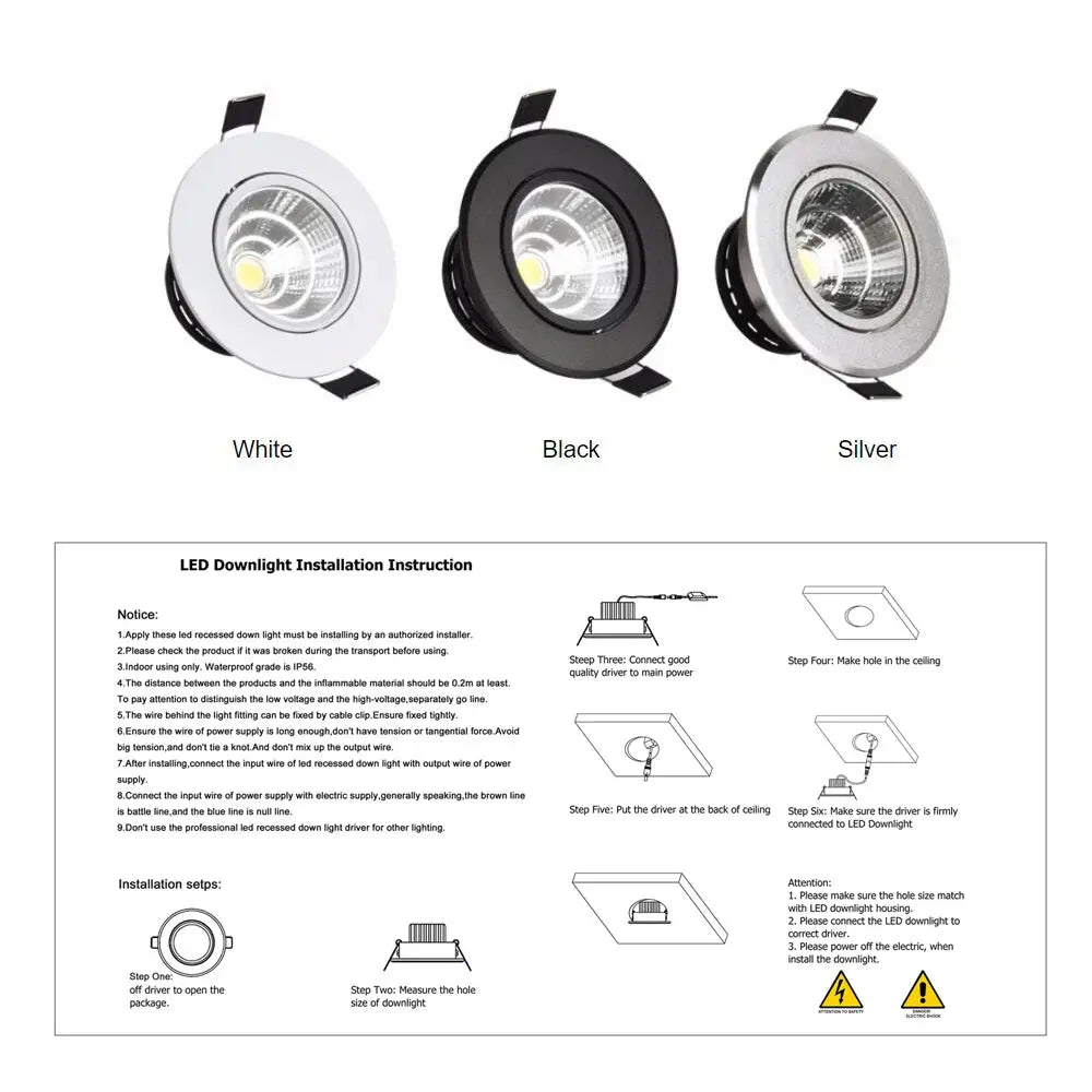 12V 3W COB Spot LED Downlight for Cabinet Ceiling Lighting 270-330lm Aluminum Cut Out Hole 68-75mm Lighting Depot