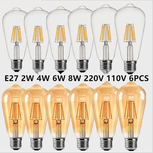 6PCS LED ST64 2W 4W 6W 8W DC 220V 110V Dimmable Gold Filament Bulb E27 B22 Light Vintage Edison Lamp Retro Gold Glass Appearance Lighting Depot