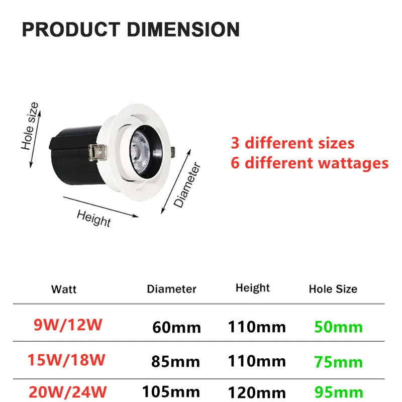 1Pcs NEW Style LED Aluminum Recessed Rotating Downlight 9W/12W/15W/18W/20W/24W Chip COB Spot Light Ceiling Lamp AC85-265V Lighting Depot