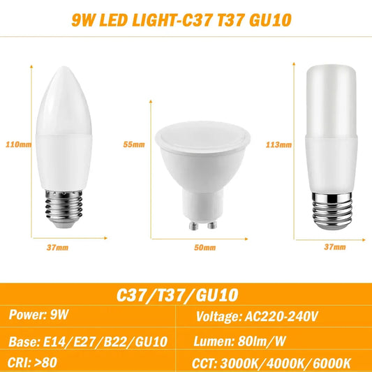 Led bulb 2PCS C37/T37/GU10 Light 9W AC220-240V E14/E27/B22/GU10 High Lumen CRI80 No Flicker Warm White Light for Home/Kitchen Lighting Depot