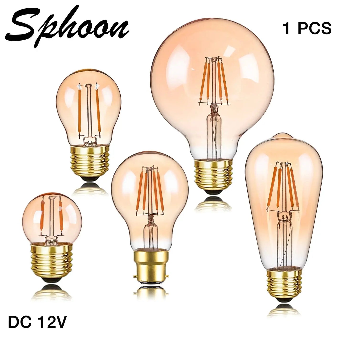 Sphoon Low Volts DC 12V LED Light Bulbs Amber Glass Warm White 2200K E27 B22 Base Vintage Lamp Bulb For Camping Battery System Lighting Depot