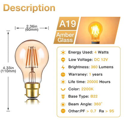 Sphoon Low Volts DC 12V LED Light Bulbs Amber Glass Warm White 2200K E27 B22 Base Vintage Lamp Bulb For Camping Battery System Lighting Depot