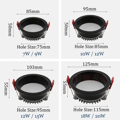 Dimmable Recessed LED Downlights Anti-Glare Ceiling Lights 9W 12W 15W 20W Background Spotlights AC85~265V Bedroom Kitchen Foyer Lighting Depot