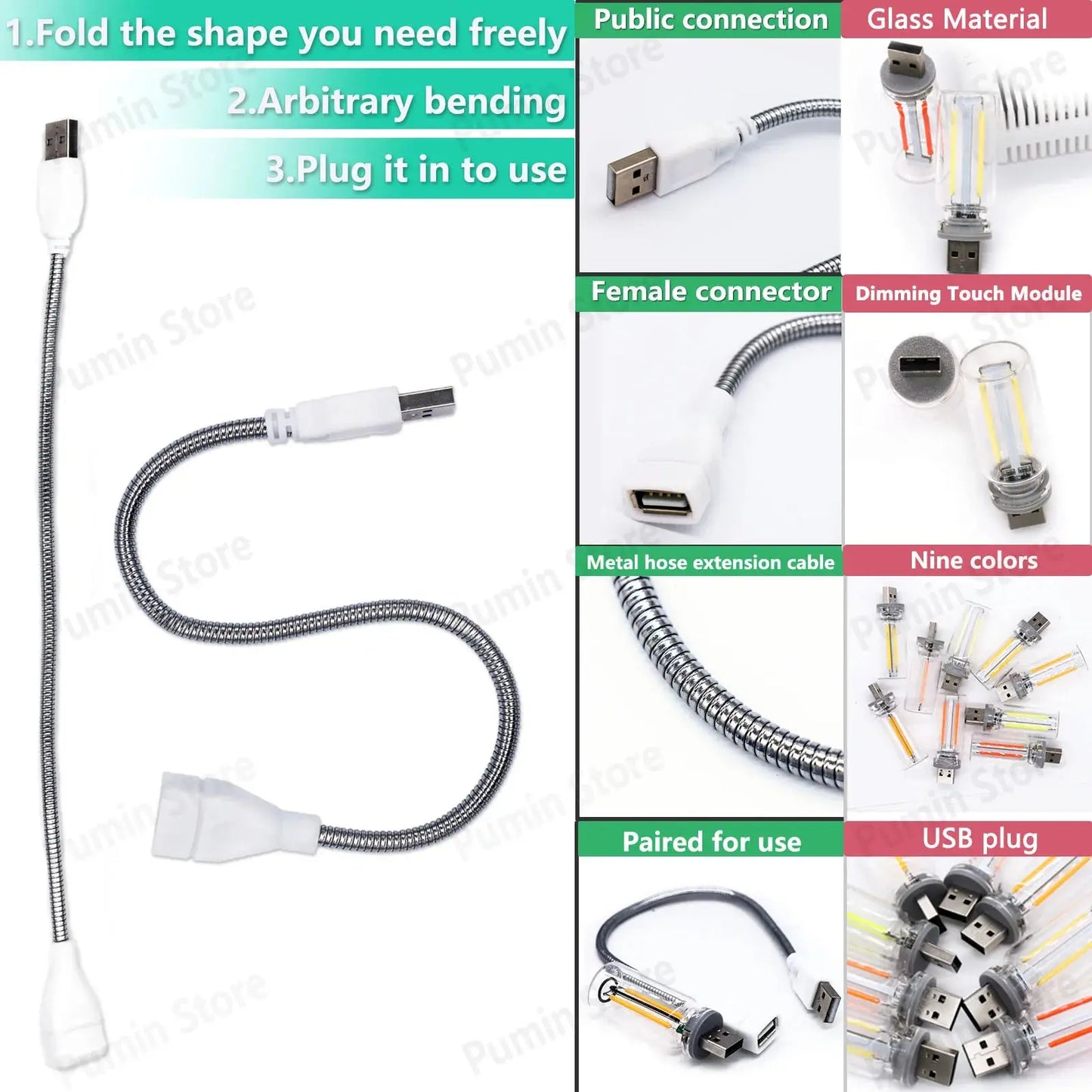 LED Night Light A set of Light Bulbs USB Bendable Night Light USB Metal Hose And Night Light Bulb Purple Pink Blue Green Lighting Depot