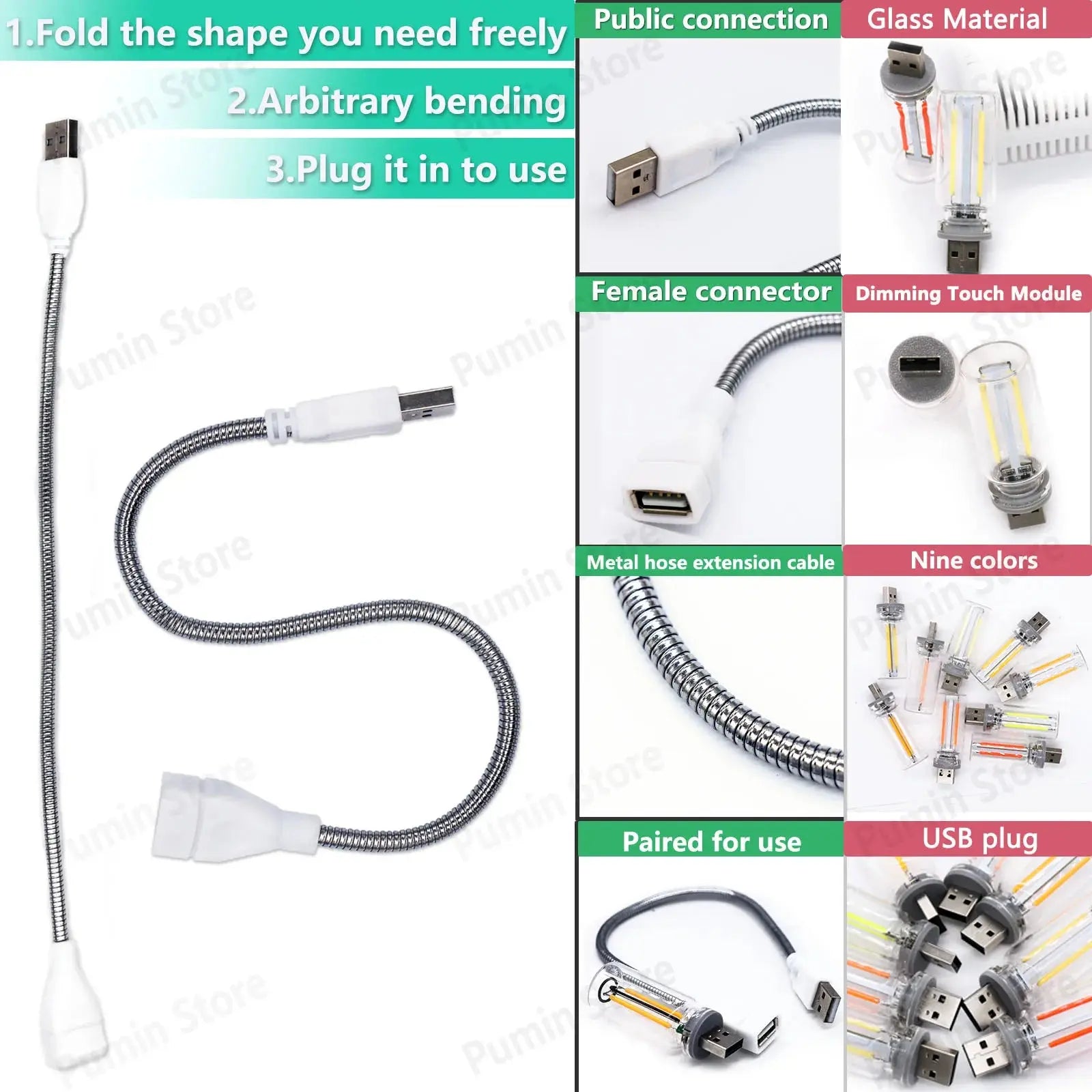 LED Night Light A set of Light Bulbs USB Bendable Night Light USB Metal Hose And Night Light Bulb Purple Pink Blue Green Lighting Depot