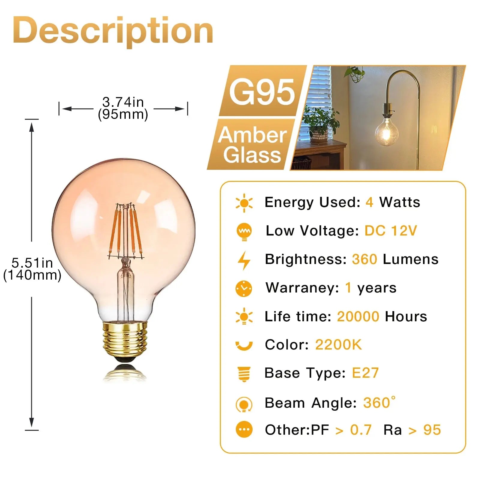 Sphoon Low Volts DC 12V LED Light Bulbs Amber Glass Warm White 2200K E27 B22 Base Vintage Lamp Bulb For Camping Battery System Lighting Depot