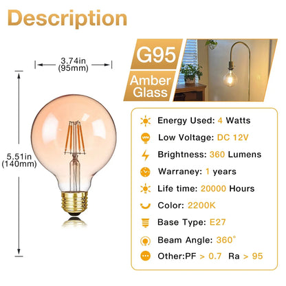 Sphoon Low Volts DC 12V LED Light Bulbs Amber Glass Warm White 2200K E27 B22 Base Vintage Lamp Bulb For Camping Battery System Lighting Depot