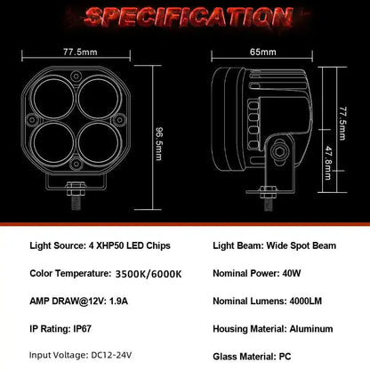 3 Inch Mini LED Work Light Square Car Yellow White Motorcycle Spotlight 4X4 Offroad Fog Lamp Automotive Accessories 12V 24V Lighting Depot