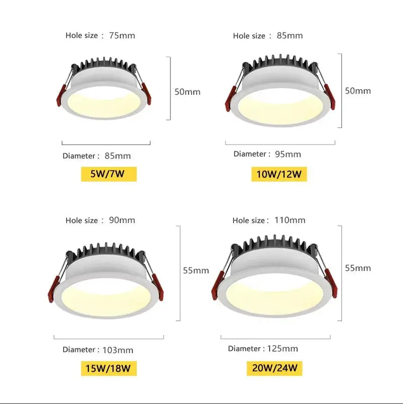 Recessed Anti-glare Dimmable LED Downlight Lamp 5W 9W 12W 85V-265V Ceiling Spot Panel Bulbs Round For Home Lighting Indoor Light Lighting Depot