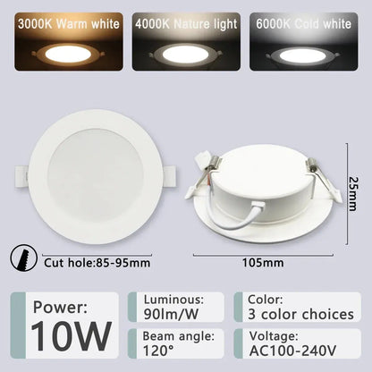 1-10pcs/lot Recessed Led Downlight Round Led Panel Light 110V 220V 3000K 4000K 6000K 10W 24W Spot for home Indoor Lighting Lighting Depot