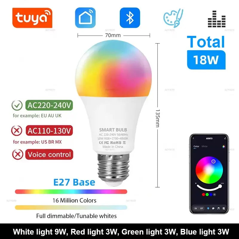 Tuya Bluetooth LED Bulb Dimmable 15W 18W E27 B22 220V RGBCW Color Change Lamps  Smart Life APP Group Control Music Rhythm Timing Lighting Depot