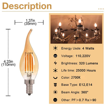 LED Filament Bulb 4W Edison C35 E14 E12 2700K Warm White Retro Amber Glass Light Bulbs 220V 110V Incandescent Replacement Lights Lighting Depot