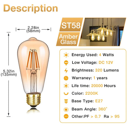 Sphoon Low Volts DC 12V LED Light Bulbs Amber Glass Warm White 2200K E27 B22 Base Vintage Lamp Bulb For Camping Battery System Lighting Depot