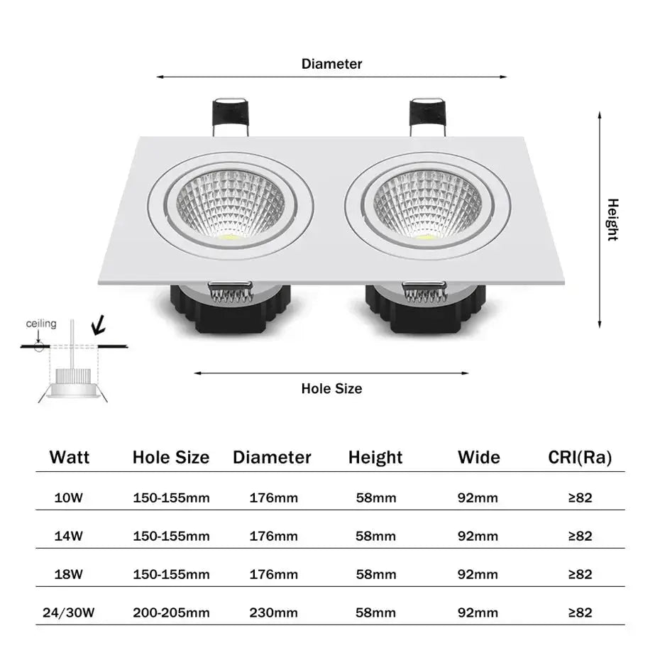 Recessed Dimmable Double Head LED Downlight 30W/24W/18W COB Ceiling Lamps Spot Lights AC85-265V Indoor Lighting The Lighting Depot