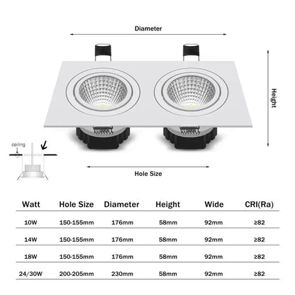 Recessed Dimmable Double Head LED Downlight 30W/24W/18W COB Ceiling Lamps Spot Lights AC85-265V Indoor Lighting The Lighting Depot