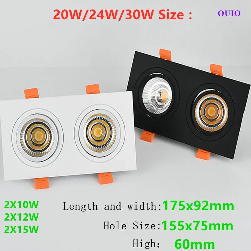 Epistar Chip Double Head Recessed Dimmable LED Downlights 20W 24W 30W COB Ceiling Lamps Spot Lights AC90-260V Indoor Lighting