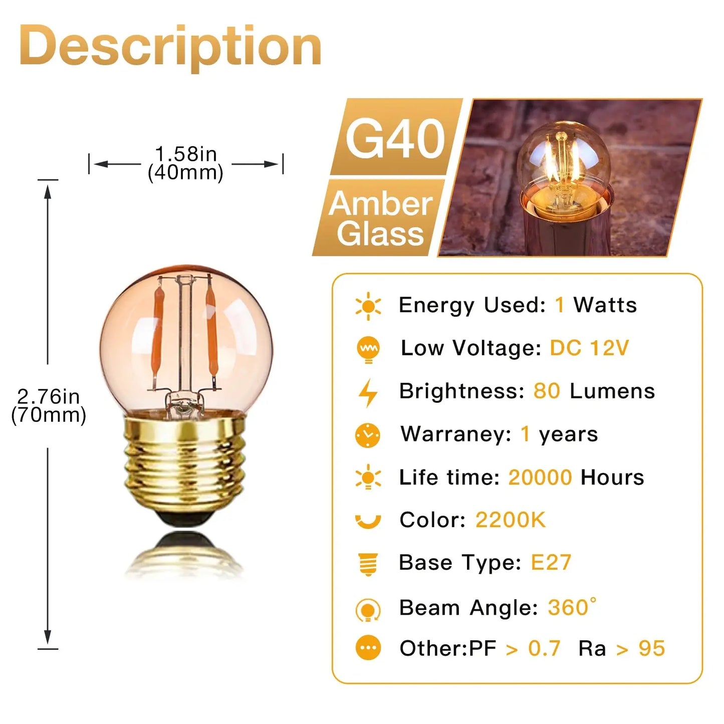 Sphoon Low Volts DC 12V LED Light Bulbs Amber Glass Warm White 2200K E27 B22 Base Vintage Lamp Bulb For Camping Battery System Lighting Depot