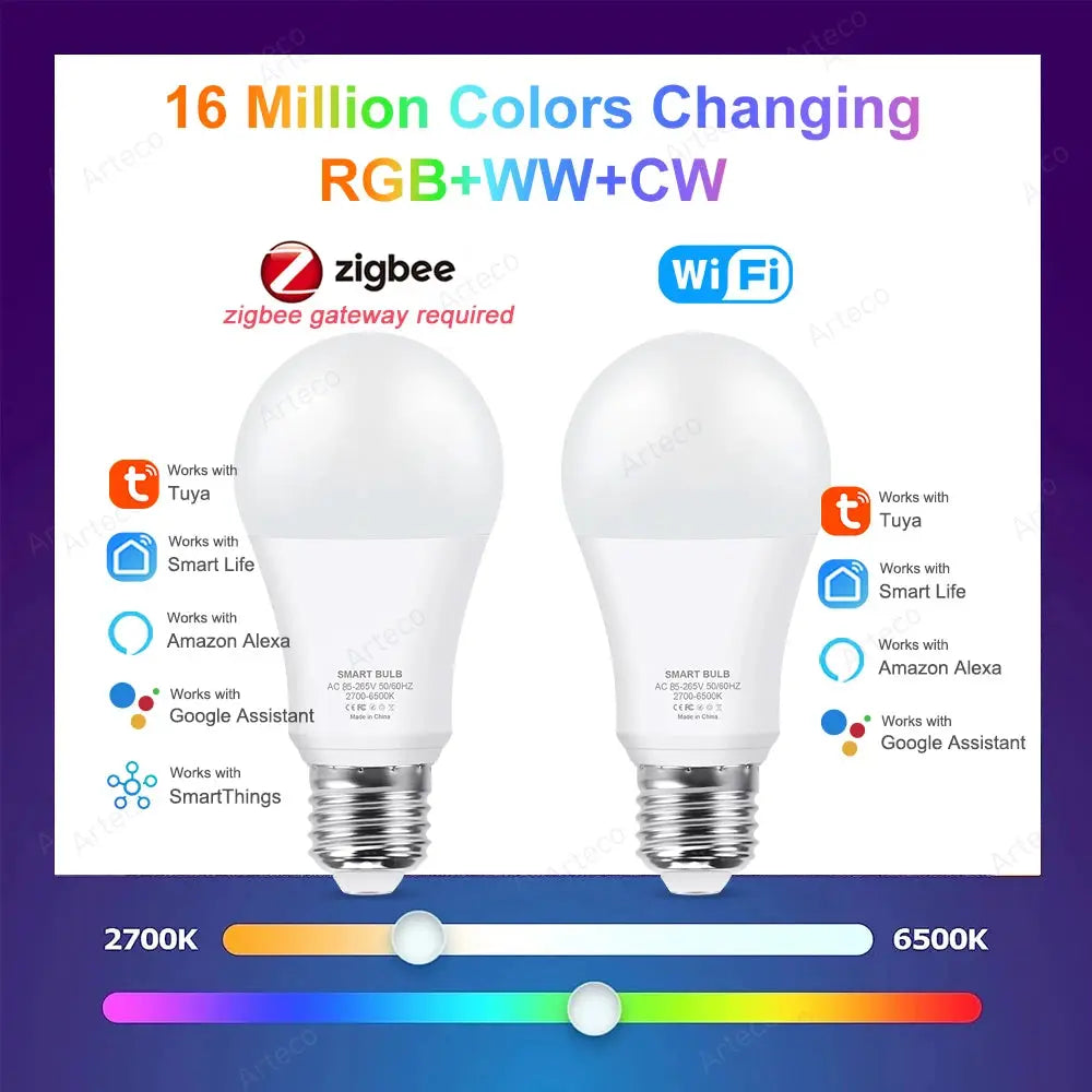Tuya Wifi Smart Bulb Alexa Lamp 15W 18W Zigbee E27 RGB WW CW Smart Led Light Bulbs For Google Assistant Smart Life App Home Deco Lighting Depot