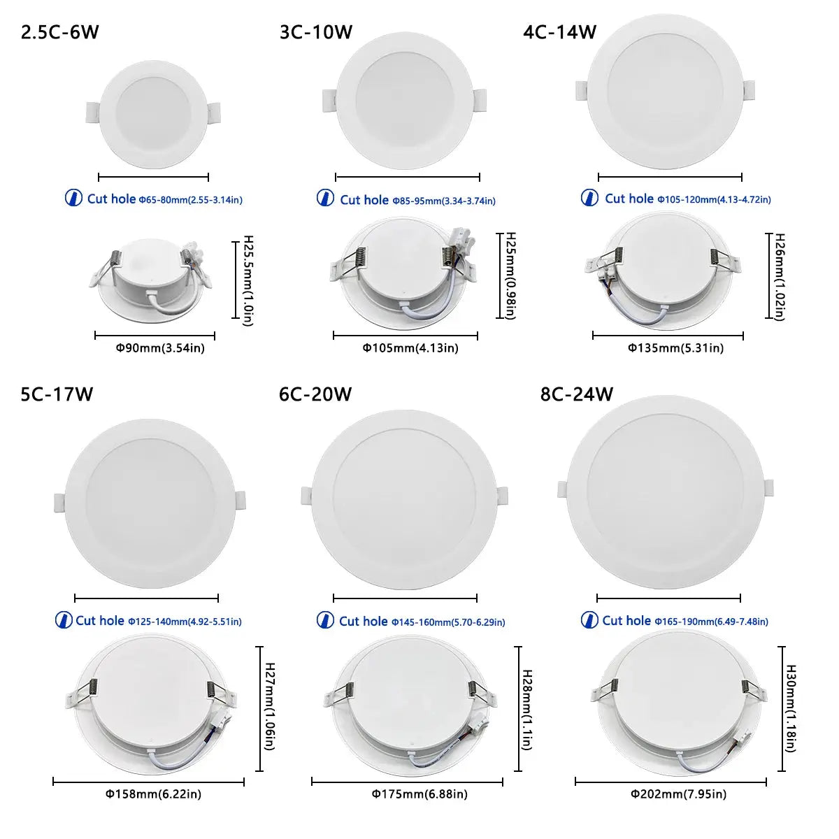 1-10pcs/lot Recessed Led Downlight Round Led Panel Light 110V 220V 3000K 4000K 6000K 10W 24W Spot for home Indoor Lighting Lighting Depot