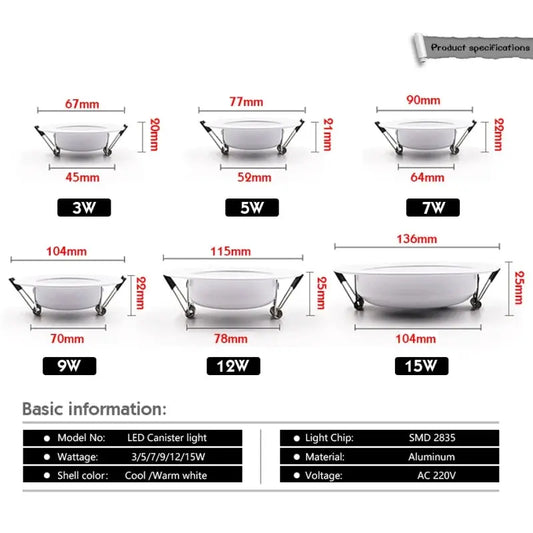 2pcs LED Downlight 5W 7W 9W 12W 15W AC220V Round Recessed Led Spotlight Aluminum Lighting Bedroom Kitchen Indoor Celling Lamp Lighting Depot